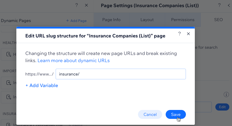 Screenshot of editing the URL slug structure for a dynamic list page.