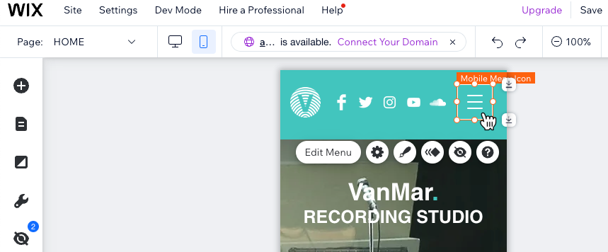 Screenshot of selecting the Mobile Menu icon in the mobile editor.