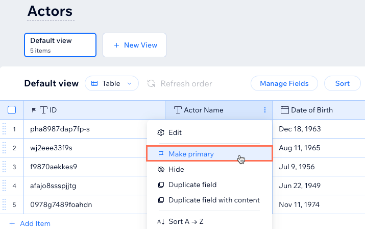 Screenshot of making a field the 'Primary' field.