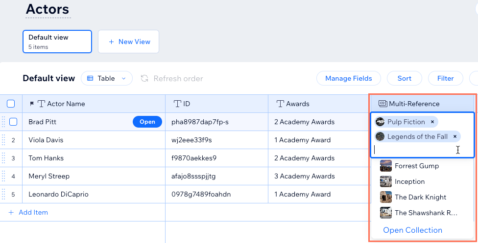 Screenshot of selecting items to reference from another collection in the 'Multi-reference' field.