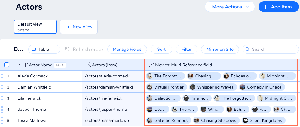 Screenshot of a 'Multi-reference' field in an Actors collection.