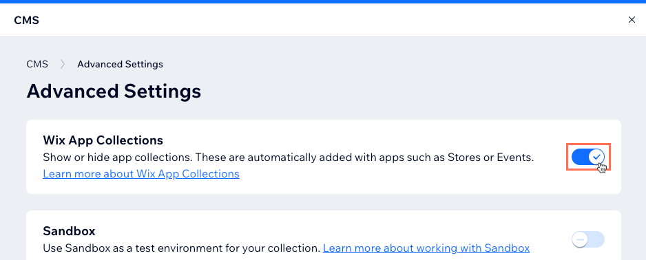Captura de pantalla que muestra cómo habilitar las colecciones de apps de Wix.