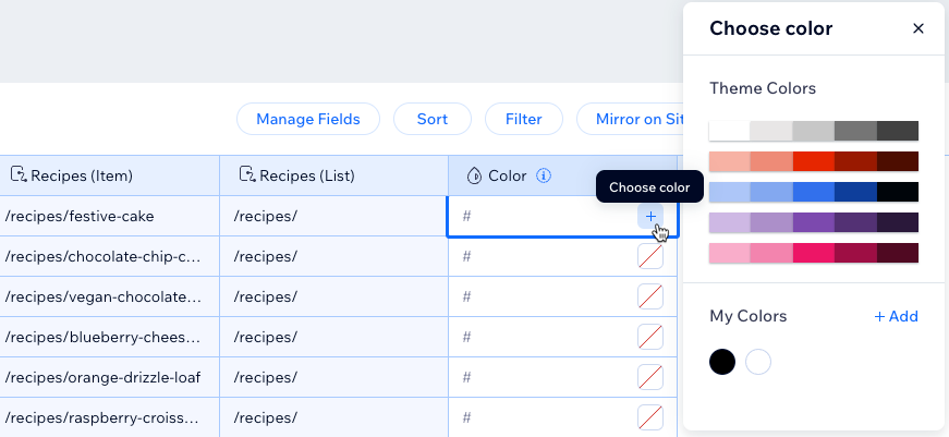 Screenshot of selecting a color field in a collection to choose a color for an item.