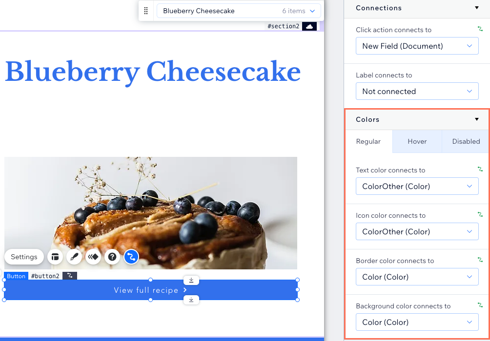 Screenshot of the various color connecting options for a button in the Wix Editor.
