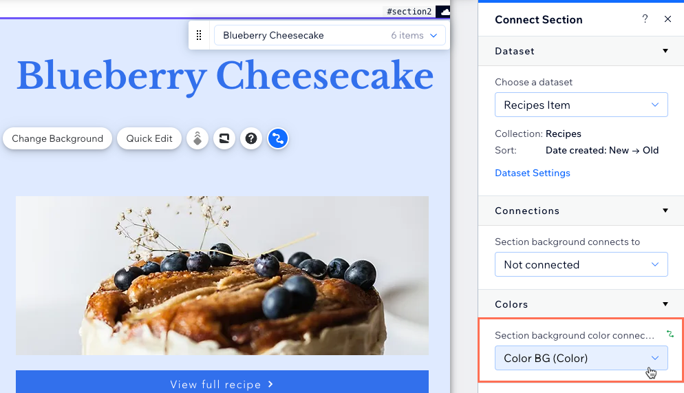 Screenshot of connecting a section background to a 'Color' collection field.