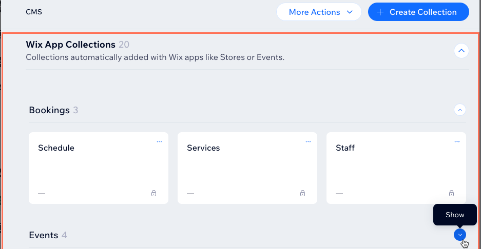 Screenshot of Wix app collections in the CMS.