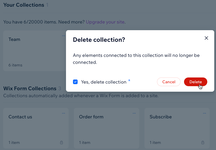 Wix 양식 컬렉션 삭제 스크린샷