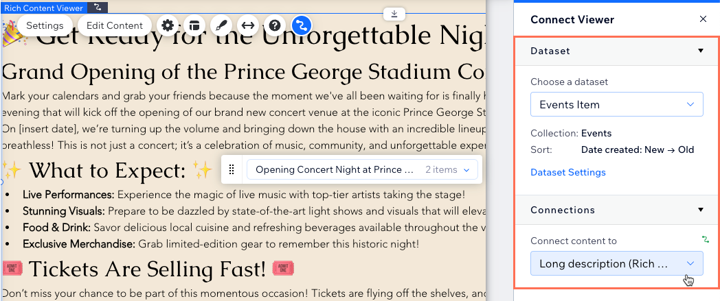 Screenshot of connecting the rich content element to the 'Long description (Rich Content)' field.
