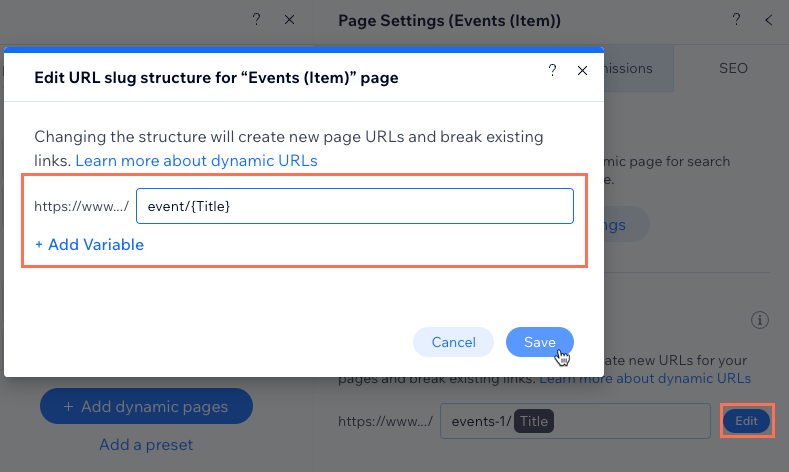 Screenshot of editing the URL slug structure.