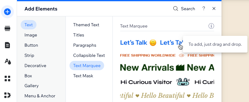Screenshot of adding a text marquee element in the Wix Editor.