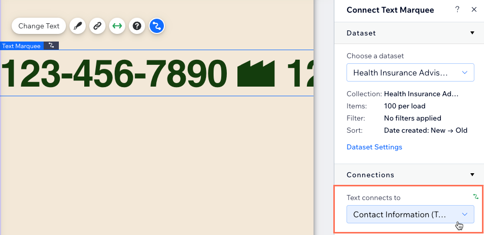 Screenshot of connecting a collection field to the text marquee.