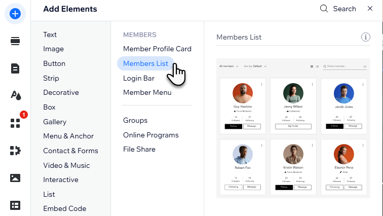 Screenshot of adding a members list element in the Wix Editor.