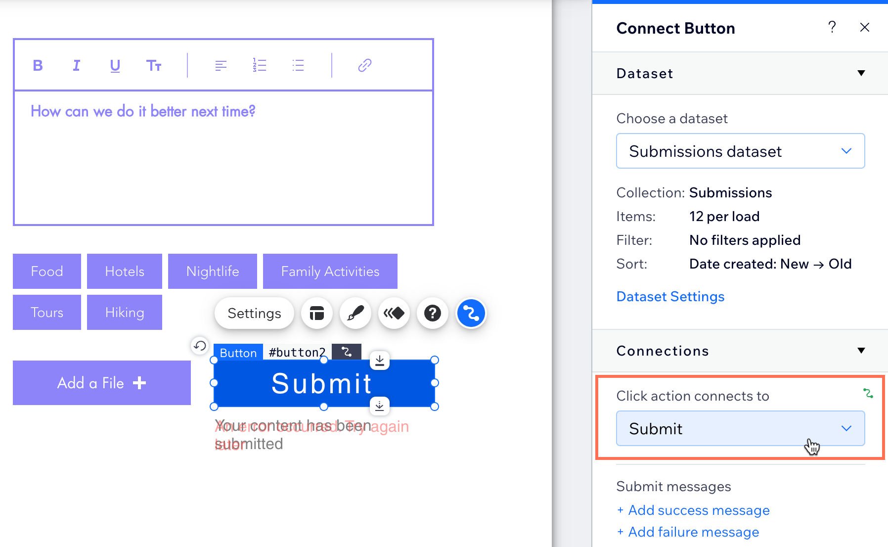 Screenshot of setting a button's click action to 'Submit'.