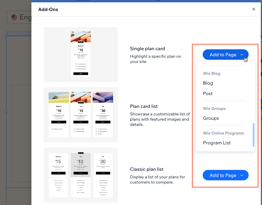 Screenshot of adding pricing plans add-ons in the Wix Editor.