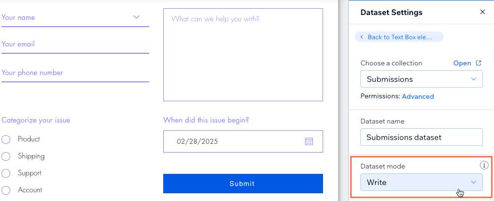 Screenshot of setting the dataset mode to 'Write'.