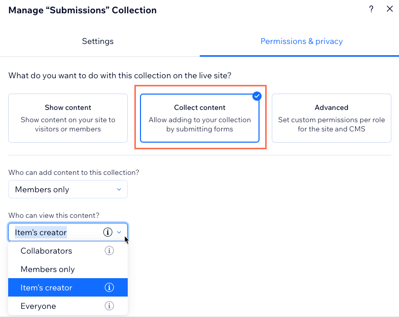 Screenshot of setting collection permissions to collect content.