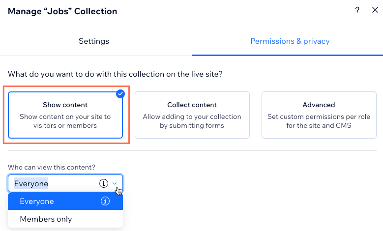 Screenshot of setting collection permissions to show content.