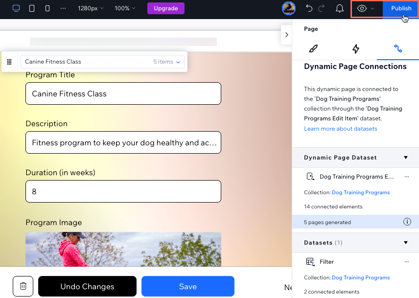 Captura de tela de um site sendo publicado após ajustar o design da página.