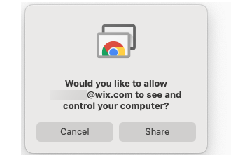 Captura de tela de um usuário clicando para permitir que o Apoio ao Cliente veja a tela do seu computador.
