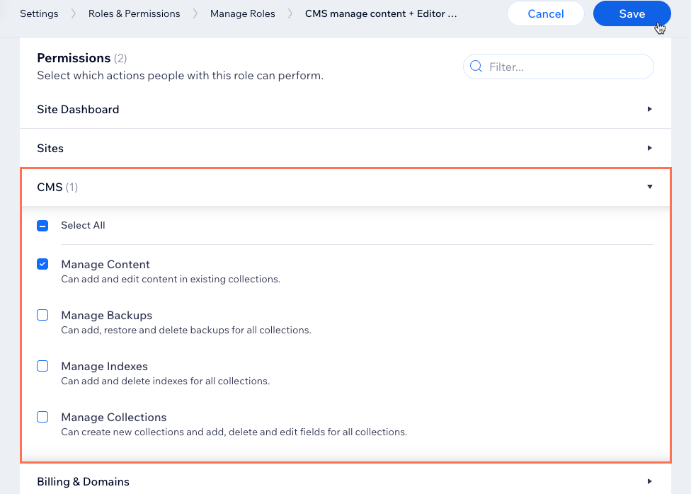 Screenshot van het selecteren van CMS-machtigingen voor een aangepaste rol.