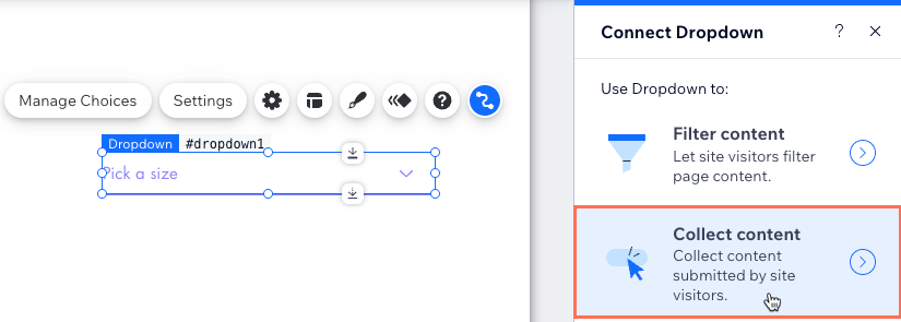 Screenshot of selecting 'Collect content' in the Connect Dropdown panel.