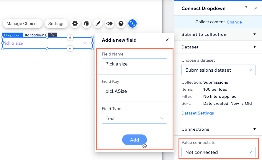 Screenshot of connecting a dropdown input element to a new collection field.