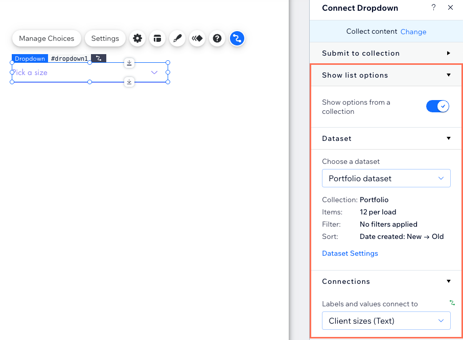 Screenshot of connecting the list options of a dropdown input element.