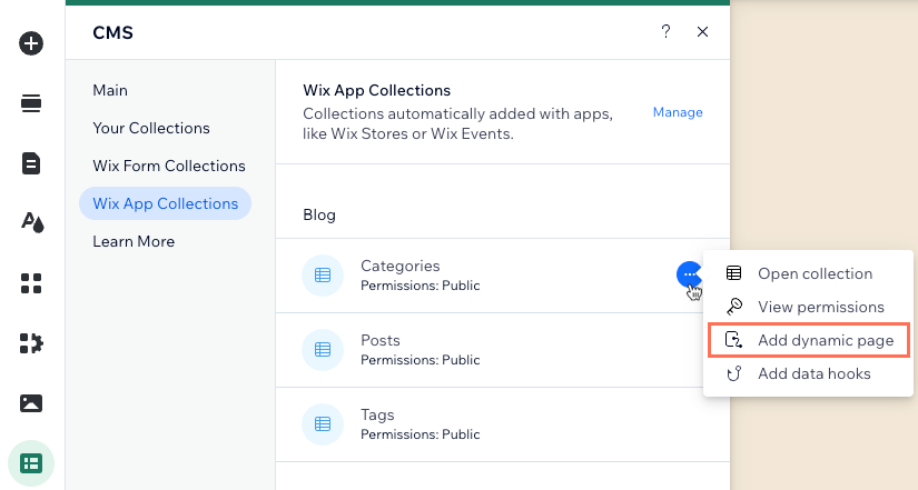 Screenshot of adding dynamic pages for a Wix app collection.