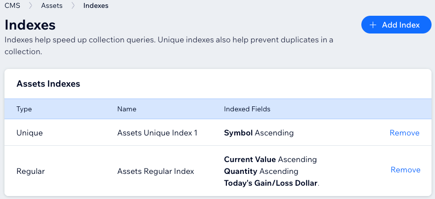 Capture d'écran d'un index unique et régulier créé pour une collection du CMS.