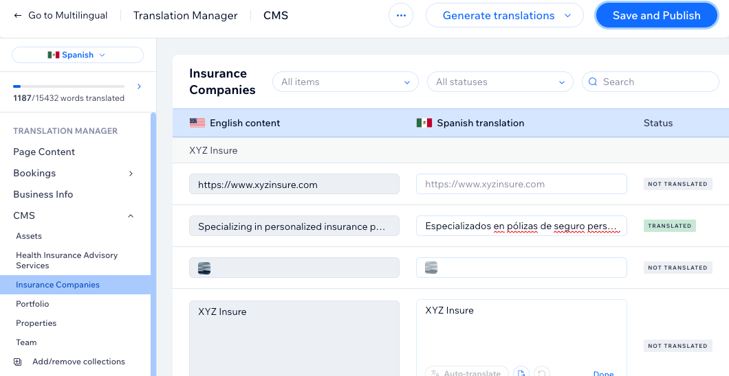 Screenshot van een CMS-verzameling in de Translation Manager.