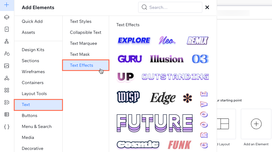 Screenshot of adding a text effects element in the Studio Editor.