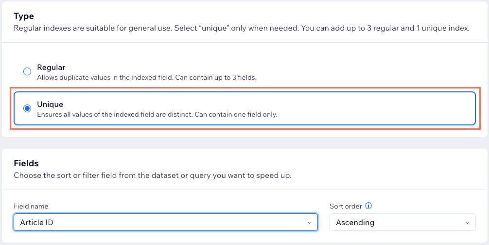 A screenshot of setting up a unique index.