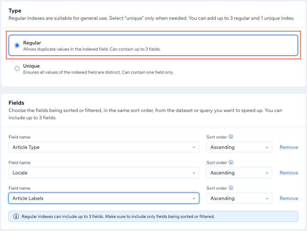 Screenshot of setting up a regular index.