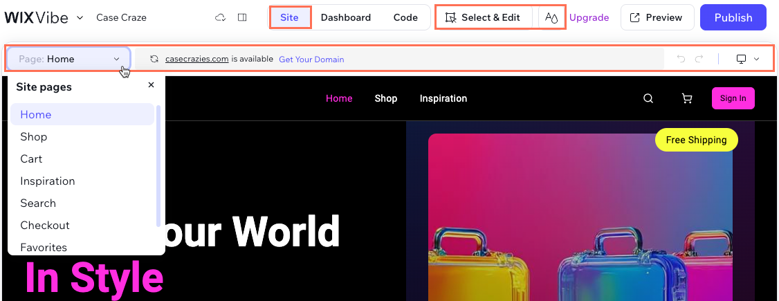 Screenshot of the Site tab in the Wix Vibe Editor.