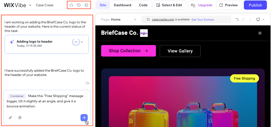 Screenshot of the chat panel in the Wix Vibe Editor.