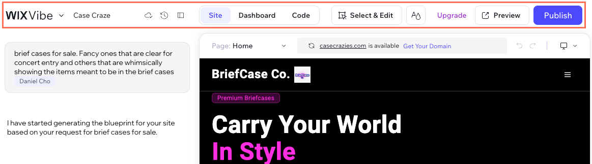 Screenshot of the top bar in the Wix Vibe Editor.