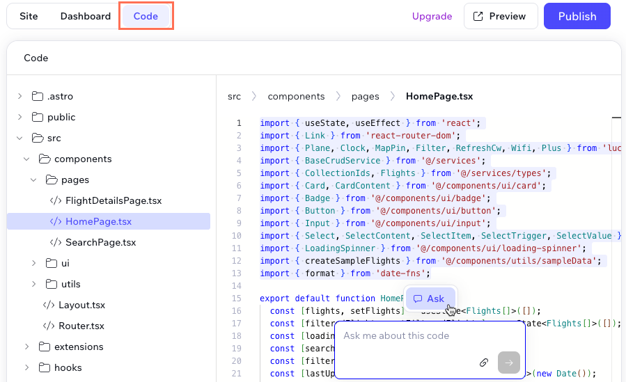 Screenshot of using the 'Ask' chat box in the Code tab of the Wix Vibe Editor.