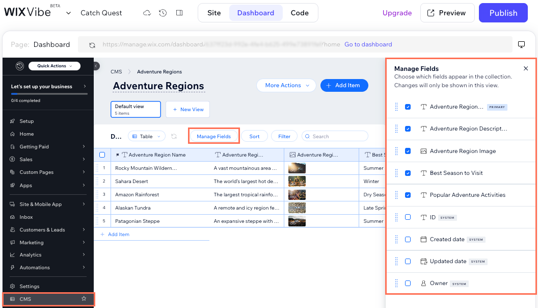 A screenshot of managing fields in a CMS collection.