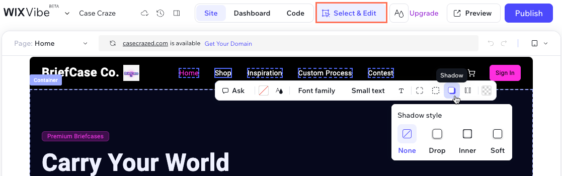 Screenshot showing edit mode in the Wix Vibe Editor.