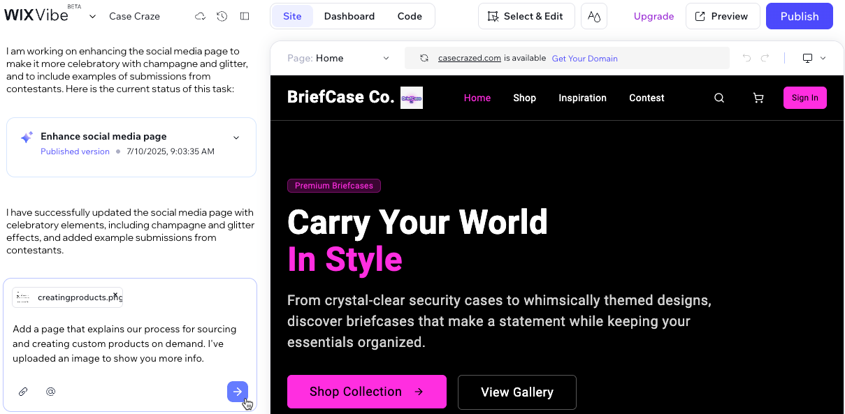 Screenshot of the Wix Vibe Editor.