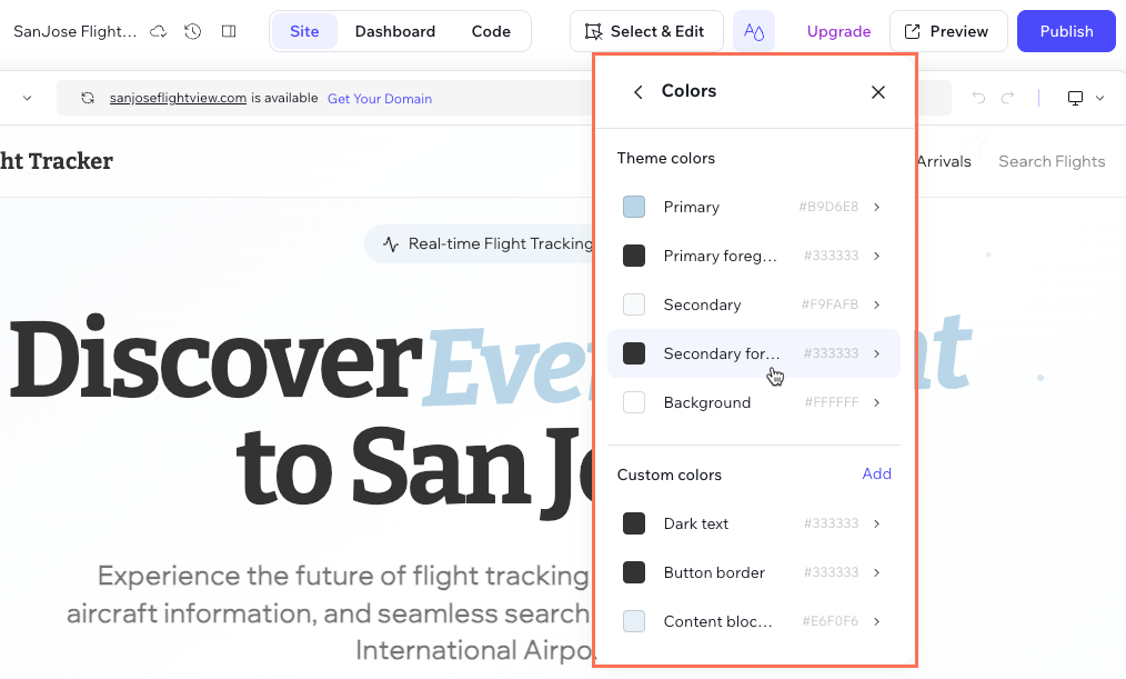 A screenshot showing the colors that can be chosen for the theme.