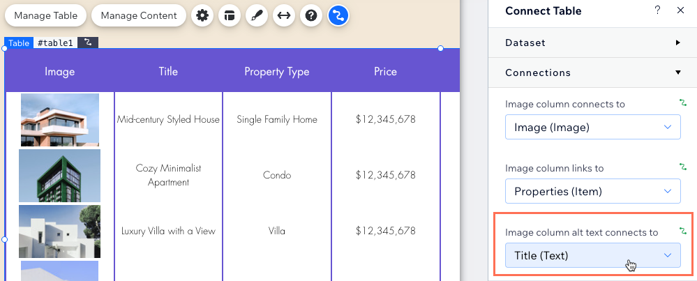 Screenshot of connecting a table's image alt text to a CMS collection field.