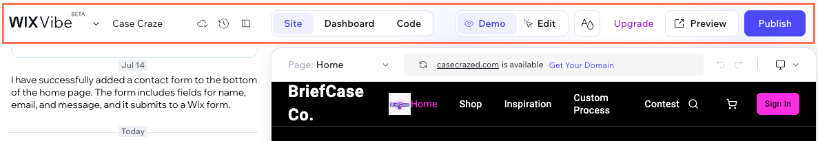 Screenshot of the top bar in the Wix Vibe Editor.