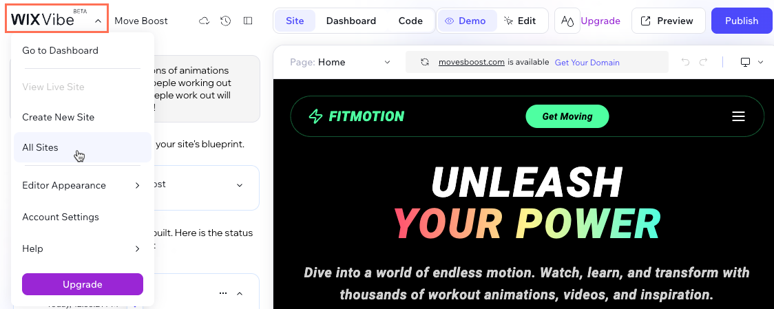 Screenshot of selecting All Sites from the Wix Vibe drop-down.