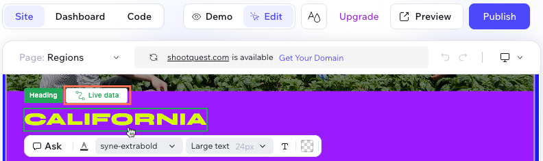 Screenshot of dynamic text that shows 'Live data' to indicate its content comes from an external source.