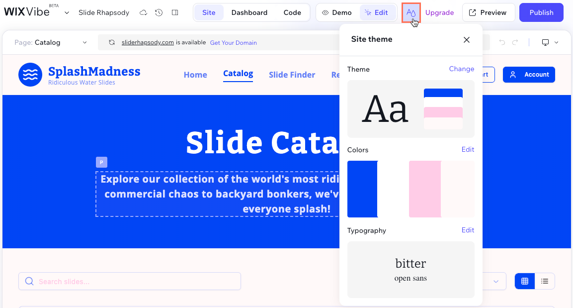 Screenshot of clicking the Site Theme icon at the top of the Wix Vibe Editor.