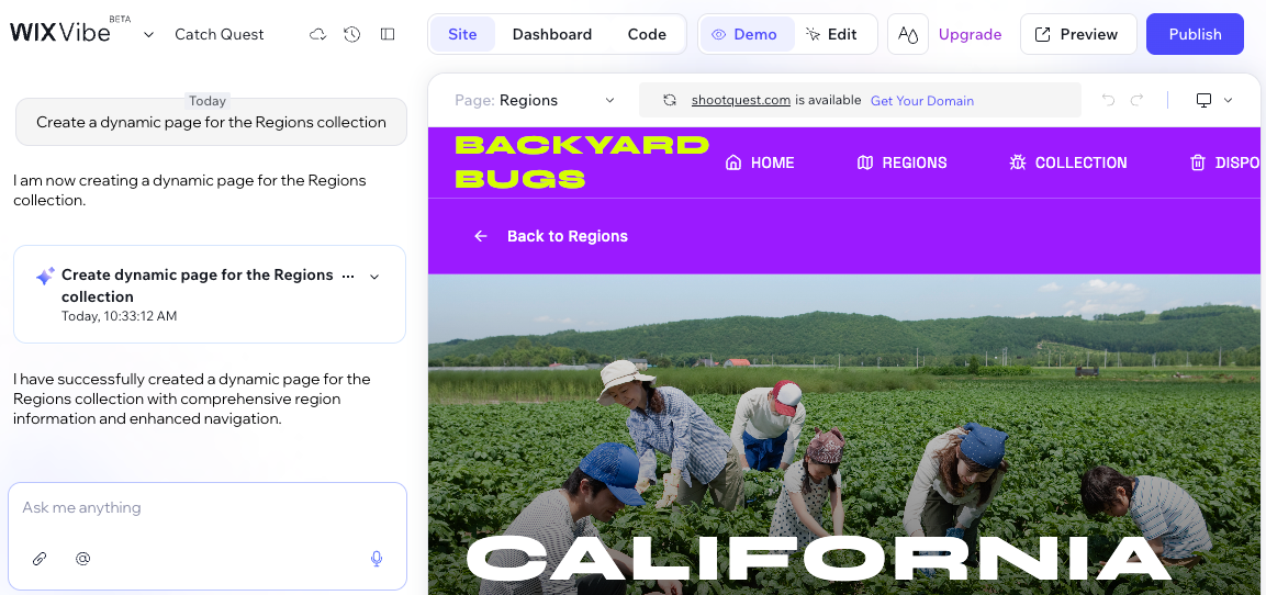 Screenshot showing a dynamic page created in the Wix Vibe Editor.