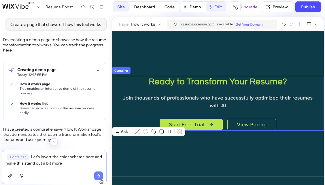 Screenshot of refining your site using a chat interface.