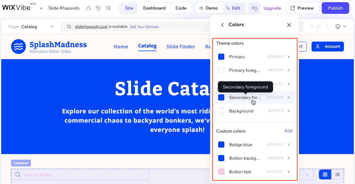 A screenshot showing the colors that can be chosen for the theme.