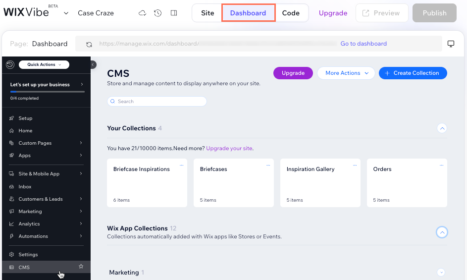 Screenshot of the Dashboard tab of the Wix Vibe Editor.